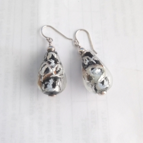 EARRINGS Fused Glass BLACK & SILVER FOIL With A Touch Of Gold DANGLES ART GLASS - Picture 1 of 3